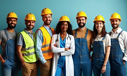 A photo of a medical professional in a hard hat standing with workers wearing safety vests and hard hats.
